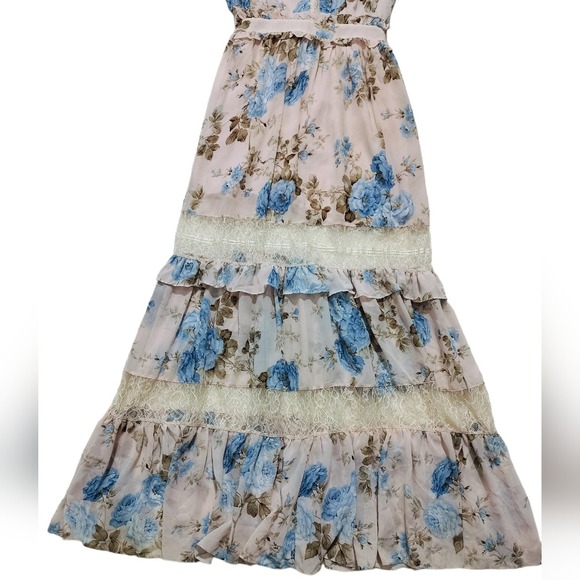 The Vintage Shop Floral Tiered Maxi Dress High Neck Ruffle Lace Detail Size S - Picture 5 of 16